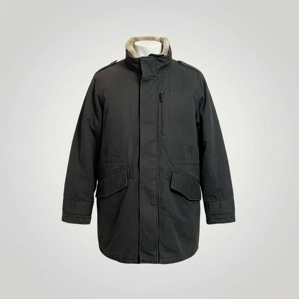 Eddie Bauer‎ Mens XXL Black Premium Goose Down 650 Fill Parka Faux Fur Trim Coat